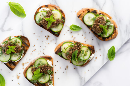 zaatar spiced bruschetta with cucumbers on a white marble surface, created with generative aiの素材