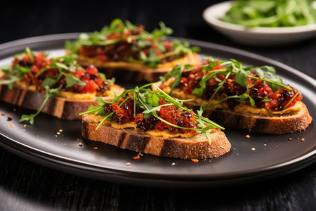 sun-dried tomato bruschetta with microgreens on modern black plates, created with generative aiの素材