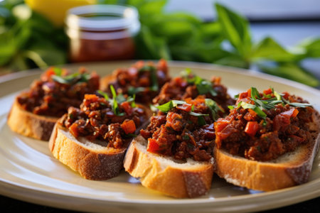 side view of bruschetta with sun-dried tomato tapenade on a ceramic plate, created with generative aiの素材