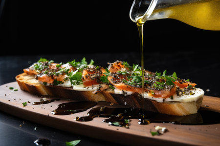 truffle oil drizzling onto a piece of bruschetta, created with generative aiの素材