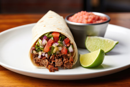 neatly rolled burrito on a white plate, created with generative aiの素材