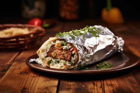 grilled burrito wrapped in silver foil on a wooden table, created with generative aiの素材