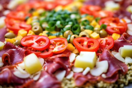 closeup of pizza toppings on a cauliflower crust, created with generative aiの素材