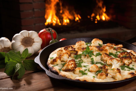 cauliflower and a whole cooked pizza in a brick oven, created with generative aiの素材