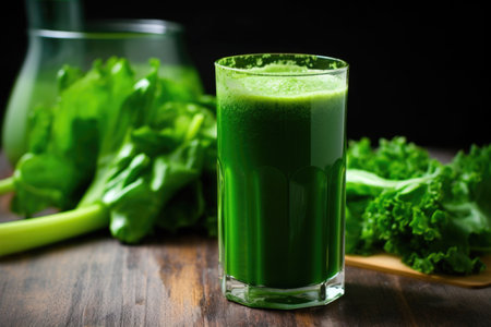 freshly cut celery beside a dark green juice in a tall glass, created with generative aiの素材