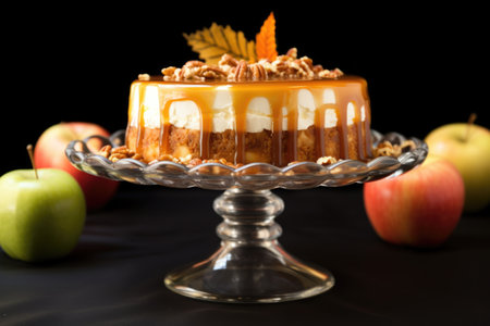 whole caramel apple cheesecake on a glass stand, created with generative aiの素材