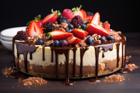 overindulgent cheesecake with lots of toppings visible, created with generative aiの素材