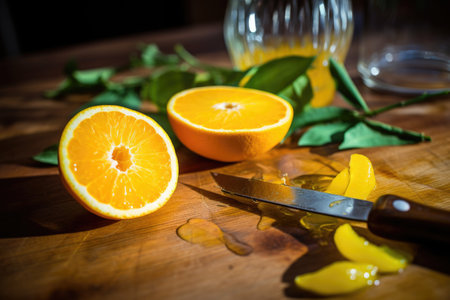 an orange being peeled, placed on a wooden table, created with generative aiの素材