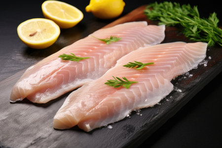 raw fish fillets with lemon wedges ready for cooking, created with generative aiの素材