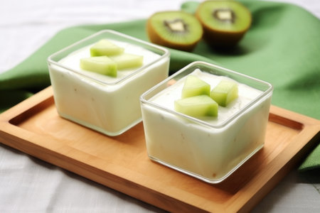 coconut yogurt served in clear square dishes with kiwi chunks, created with generative aiの素材