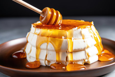close-up of coconut yogurt with honey drizzled on top, created with generative aiの素材