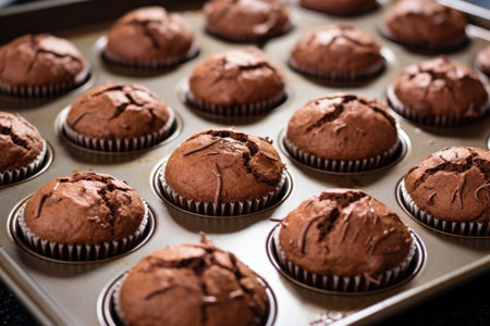 chocolate muffins lined up on a baking sheet, created with generative aiの素材