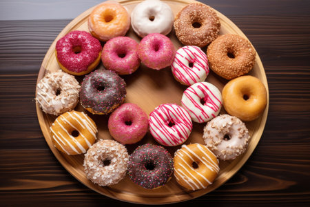 a dozen donuts arranged in a circle on a wooden tray, created with generative aiの素材