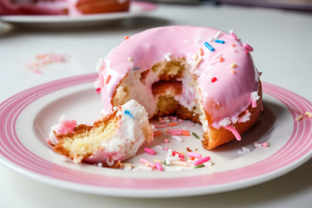 half-eaten donut left on a plate, created with generative aiの素材