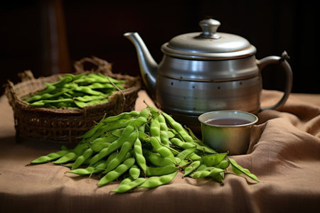 piled edamame pods beside traditional iron teapot, created with generative aiの素材
