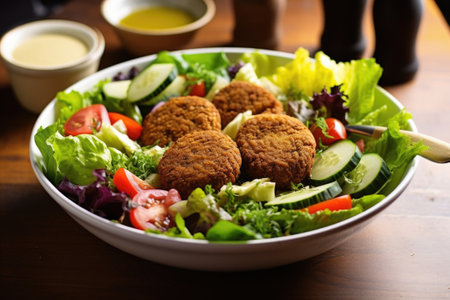 a large falafel bowl served with mixed green salad, drizzled with olive oil, created with generative aiの素材