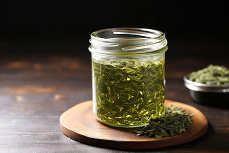 whole leaf green tea in a glass jar, created with generative aiの素材
