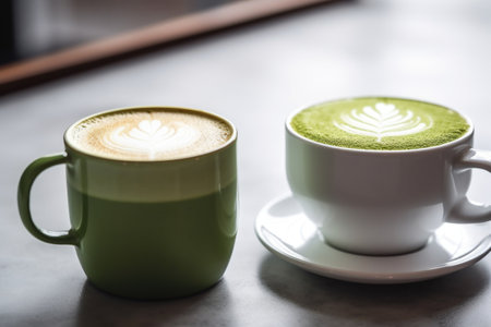 two different lattes: one matcha, one coffee, in white cups, created with generative aiの素材