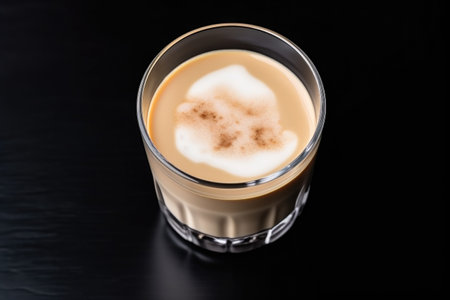 top view of a creamy latte in a transparent cup on a black table, created with generative aiの素材