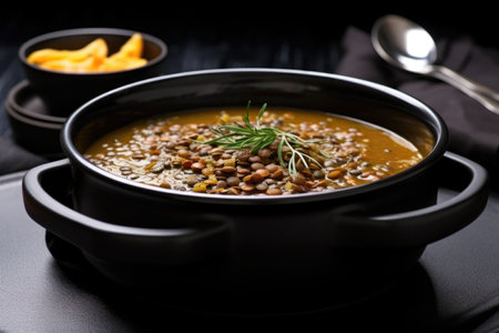 lentil soup in a black modern bowl on a gray surface, created with generative aiの素材
