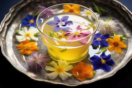 miso soup with edible flowers as a garnish, created with generative aiの素材