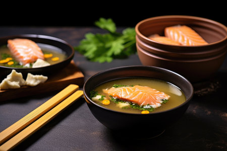 salmon miso soup photographed next to fresh salmon pieces, created with generative aiの素材