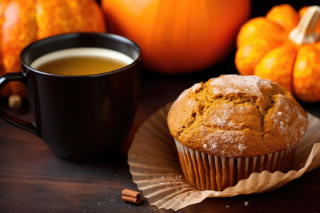 pumpkin spiced muffin beside an orange gourd, created with generative aiの素材