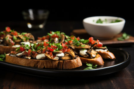 mushroom bruschetta on a stylish black dinner plate, created with generative aiの素材