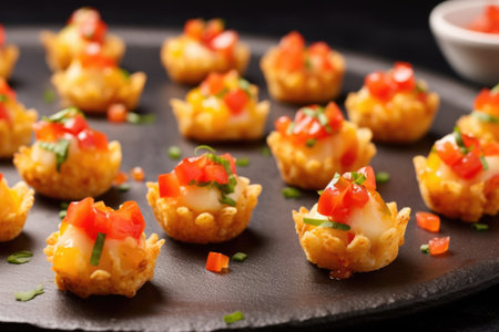 mini nacho bites with melted cheese and diced tomatoes, created with generative aiの素材