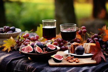 a table setup with mulled wine and figs for an autumn picnic, created with generative aiの素材