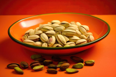 color contrast image of pistachios on an orange plate, created with generative aiの素材