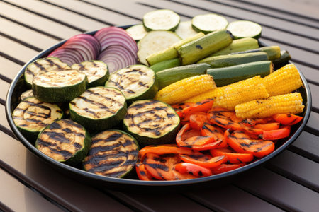 grilled mixed veggies on a disposable plate for bbq, created with generative aiの素材