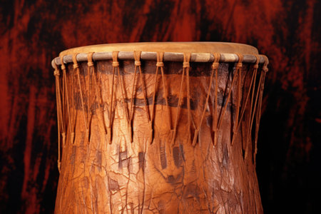 close-up of an african drum with handprint, created with generative aiの素材
