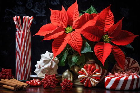 poinsettia surrounded by candy canes and small wrapped gifts, created with generative aiの素材