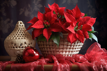 poinsettia with christmas ornaments and ribbons in a decorative basket, created with generative aiの素材