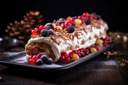 decorated yule log dessert ready to serve, created with generative aiの素材