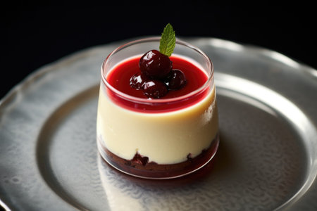 a pudding with a cherry on top, centered in the frame, created with generative aiの素材