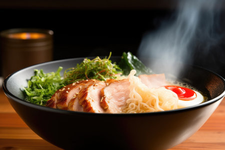 closeup of steaming ramen in a white bowl, created with generative aiの素材