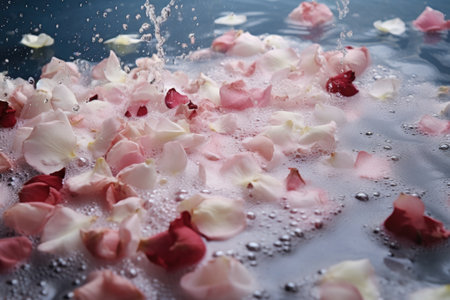 running bath water with rose petals and foam, created with generative aiの素材