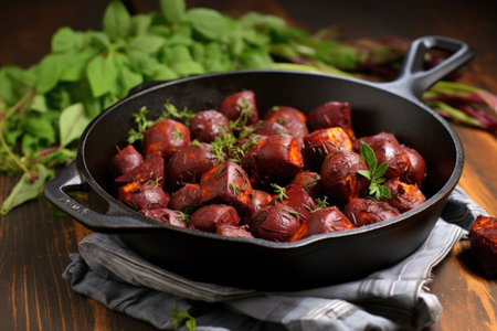 roasted beets in a rustic cast-iron pan on a kitchen table, created with generative aiの素材