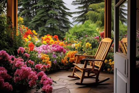 rocking chair on a patio with a view of a garden full of blooming flowers, created with generative aiの素材