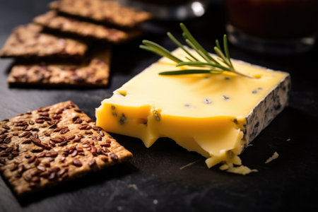 close-up shot of rye cracker with melted gouda cheese, created with generative aiの素材