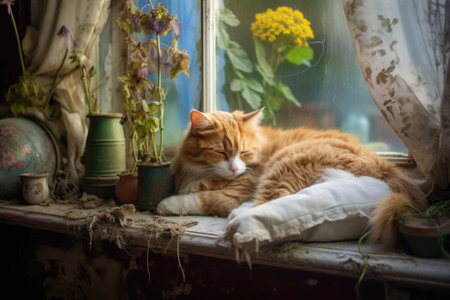 a cat curled up on a cushioned window sill, created with generative aiの素材