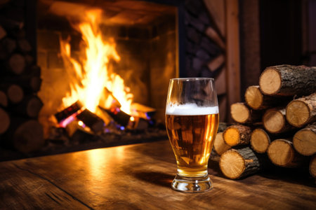craft saison beer near fireplace with firewood, created with generative aiの素材