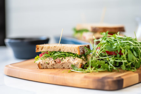 tuna mayo sandwich with mixed microgreen salad at side, created with generative aiの素材