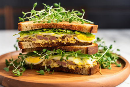a sandwich with layers of microgreens, egg, and tuna, created with generative aiの素材