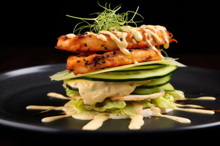 prawn sandwich with spicy mayo sauce and cucumber, created with generative aiの素材