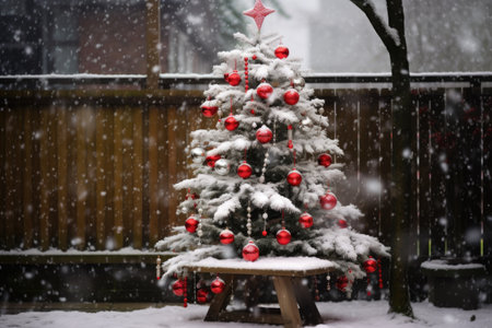 snowy outdoor christmas tree with red and white baubles, created with generative aiの素材