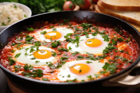 shakshuka garnished with parsley in a copper pan, created with generative aiの素材