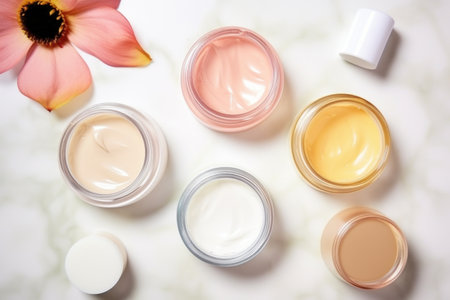 top view shot of skincare routine, created with generative aiの素材